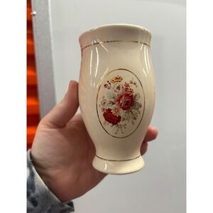 Vintage as is‎ Ceramic Toothbrush Holder Floral Gold Trim Vanity Organizer Beige